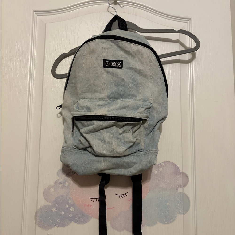 Pink Victoria’s Secret Campus Light Acid Wash Denim Backpack w/Embossed Straps